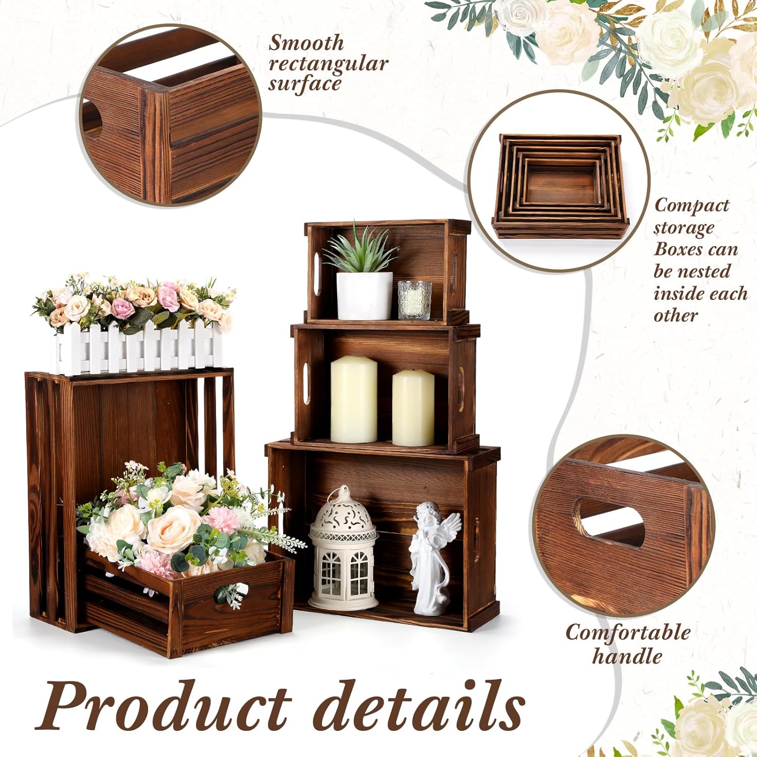 5 Pack Decorative Wood Crates for Display 5 Sizes Rustic Nesting Wooden Crates Vintage Storage Container Boxes with Handles Handmade Decorative Baskets Bin for Farmhouse(Rustic Brown)