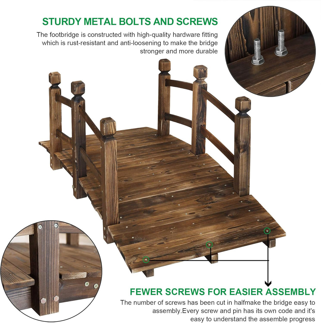 5FT Wooden Garden Bridge Arch Stained Finish Footbridge Decorative Backyard Bridge with Double Safety Railings Outdoor Lawn Pond Bridge Walkway for Garden Yard Patio Courtyard Farm Stream Creek