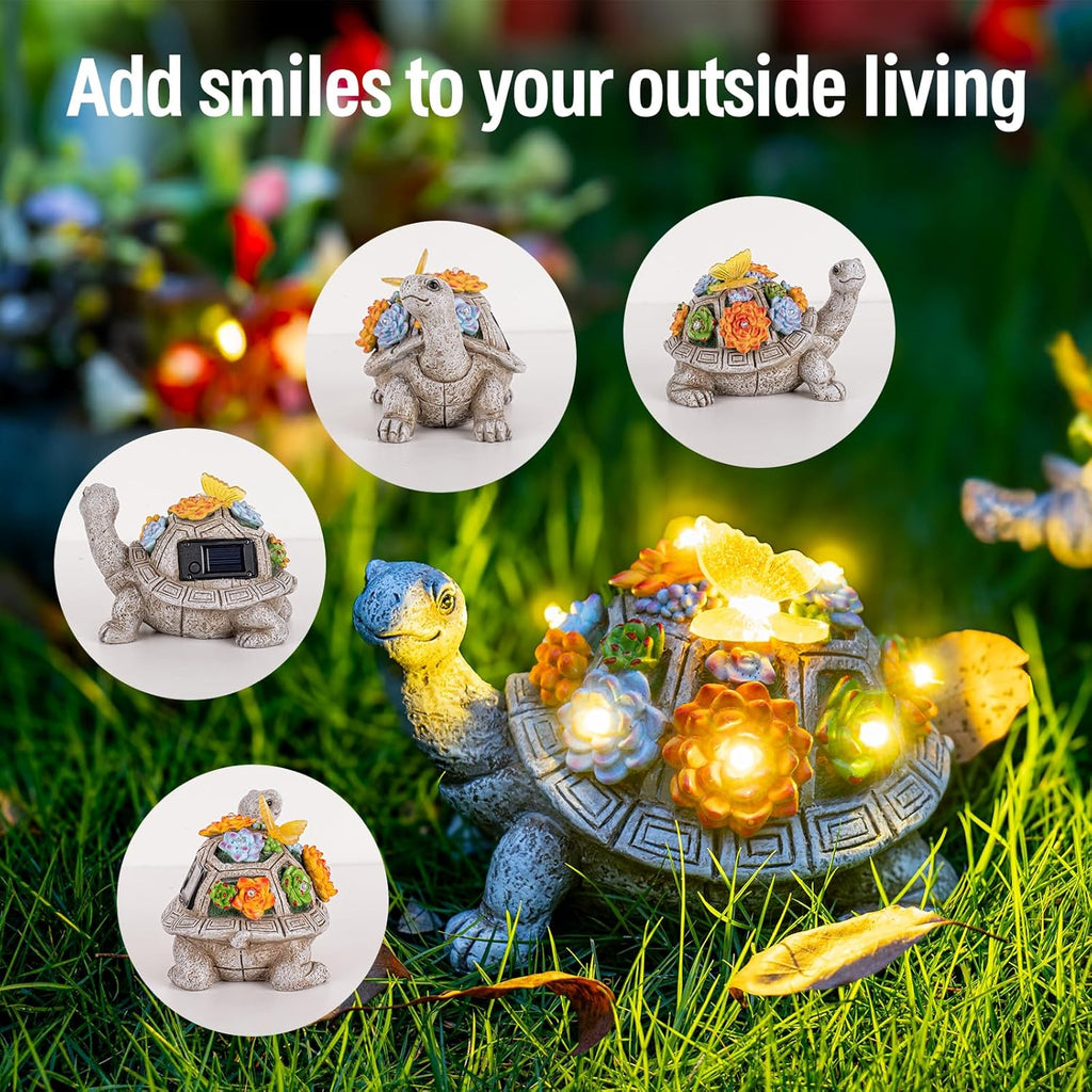 Solar Garden Outdoor Statues with Succulent and 7 LED Lights - Lawn Decor Tortoise Statue for Patio, Balcony, Yard Ornament - Unique Housewarming Gifts (Grey Turtle)