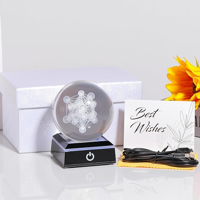 Qianwei 3D Metatron's Cube Crystal Ball with LED Colorful Lighting Touch Base - Flower of Life Night Light - Grid Sacred Geometry Sphere for Meditation Decor Spiritual Decor