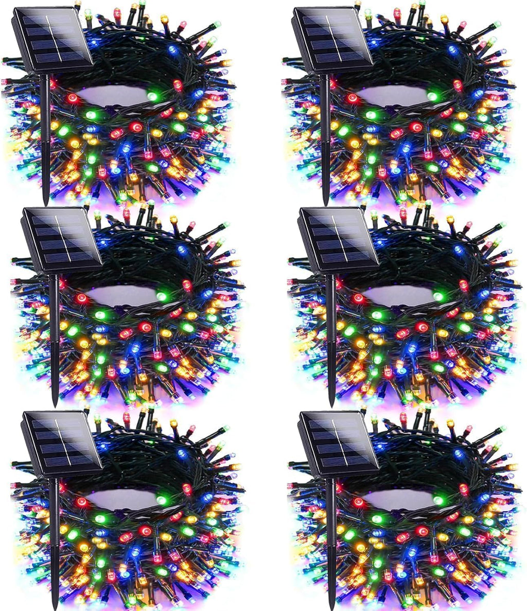 Multicolor Solar Christmas Lights Outdoor Decorations Waterproof, Tatal 6 Pack 600LED 198FT Solar String Lights Green Wire with 8 Modes, Christmas Fairy Light for Xmas Tree Party Wedding Garden Decor