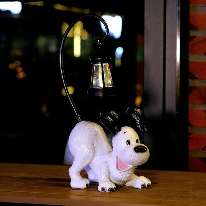 Laughing Dog Figurine with Solar-Powered LED Light 15.9 Inches Tall Perfect for Gift Garden Decor or Housewarming for Dog Lovers White