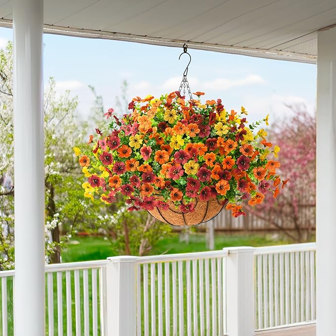 Artificial Fake Hanging Plants Flowers Basket, Faux Silk Daisy in Planter Realistic UV Resistant for Outside Home Patio Balcony Yard Spring Outdoor Decoration (Orange Brown Yellow)
