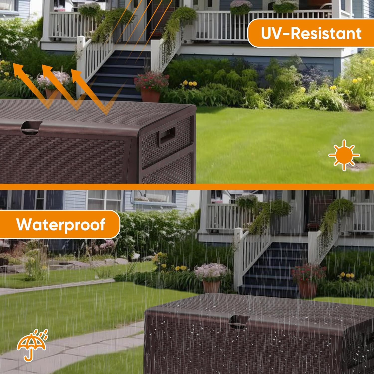 125 Gallon Resin Deck Box, Weatherproof Outdoor Storage Box for Patio, Garden, Pool, and Yard, Lockable Waterproof Bin for Tools, Cushions, and Accessories, Brown