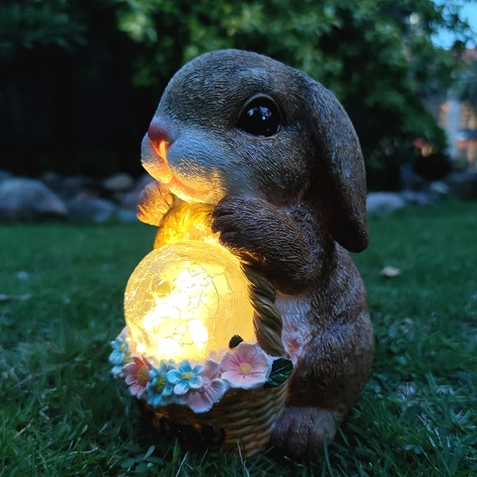 Solar Rabbit Garden Outdoor Statues,Resin Rabbit Figurine Carrying Flower Basket and Magic Orb with Solar LED Lights, Lawn Decor Outdoor Statue for Patio, Balcony, Yard Ornament