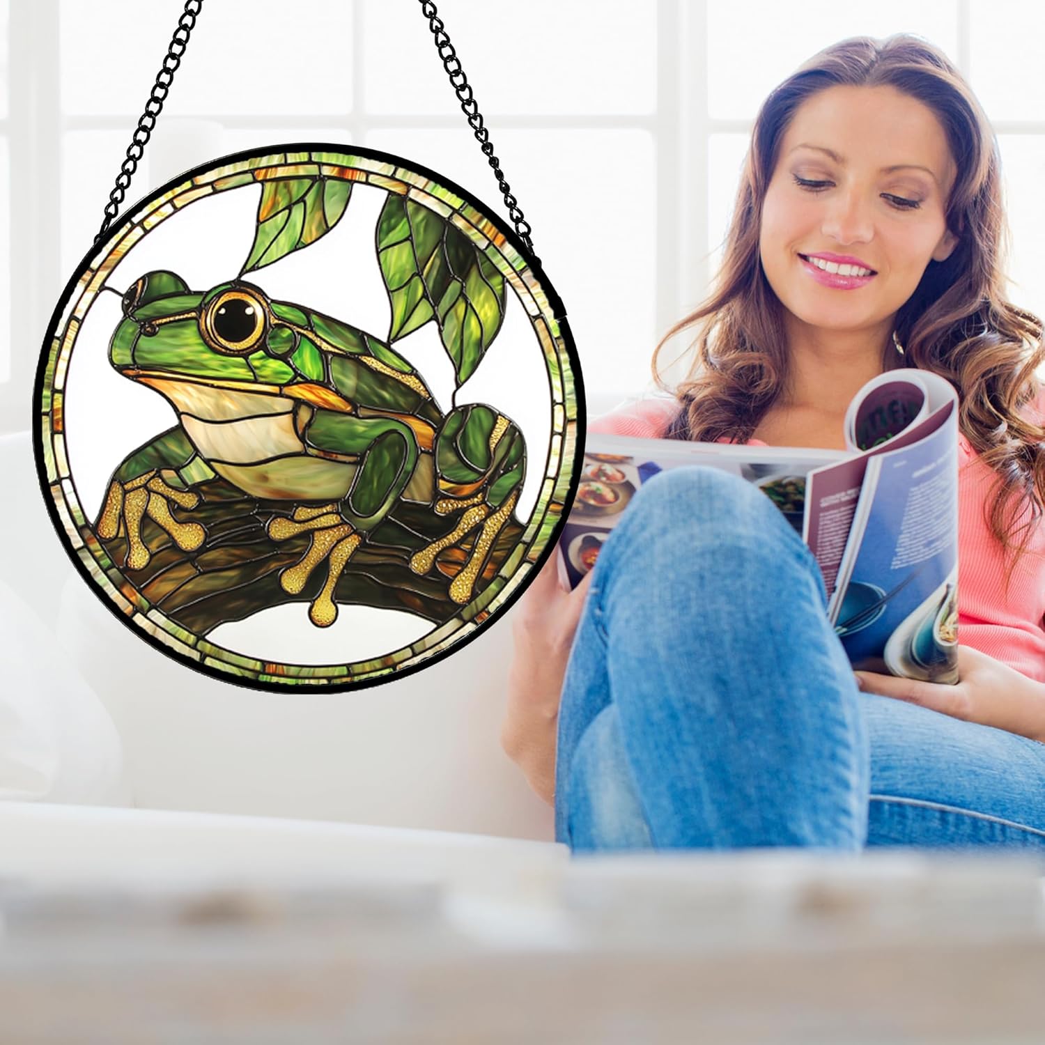 Stained Glass Window Hanging, Frog Green Leaf Sun Catchers Colorful Glass Panel Cool Suncatcher Decor for Birthday for Women, Men, Wife, Aunt, and Mom 14.9x14.9 in