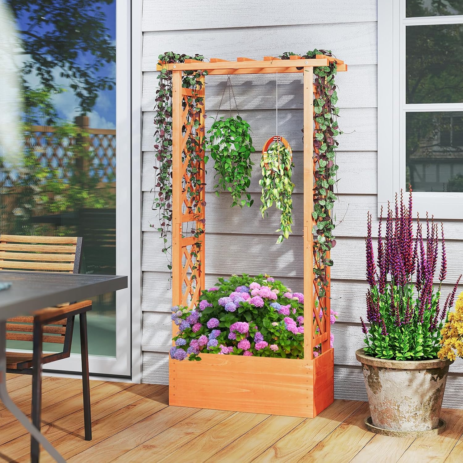 S AFSTAR Raised Garden Bed with Trellis, 2 Pieces Wood Planter Box with Hanging Roof & Drainage Holes for Climbing Plants, Vines, Flowers & Vegetables, Indoor Outdoor Plant Container for Patio & Yard