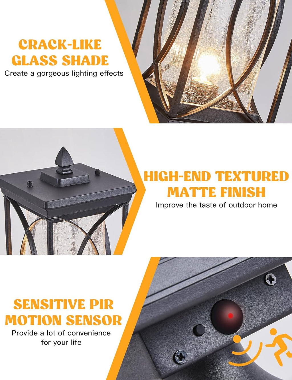 Motion Outdoor Post Lantern Dusk to Dawn Pillar Lamp with 3 Inch Pier Mount Adapter, Black Pole Light Aluminum with Crackle Glass Motion Outdoor Post Lights for Patio, Yard, Garden, Pathway