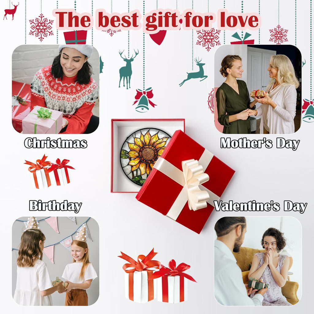 Stained Glass Window Hanging - Sunflower Flower Suncatcher Ready to Hang Window Doors Home Decoration and Christmas, Mother's Day Birthday Gifts for Women, Men, and Mom 9.8x9.8 in