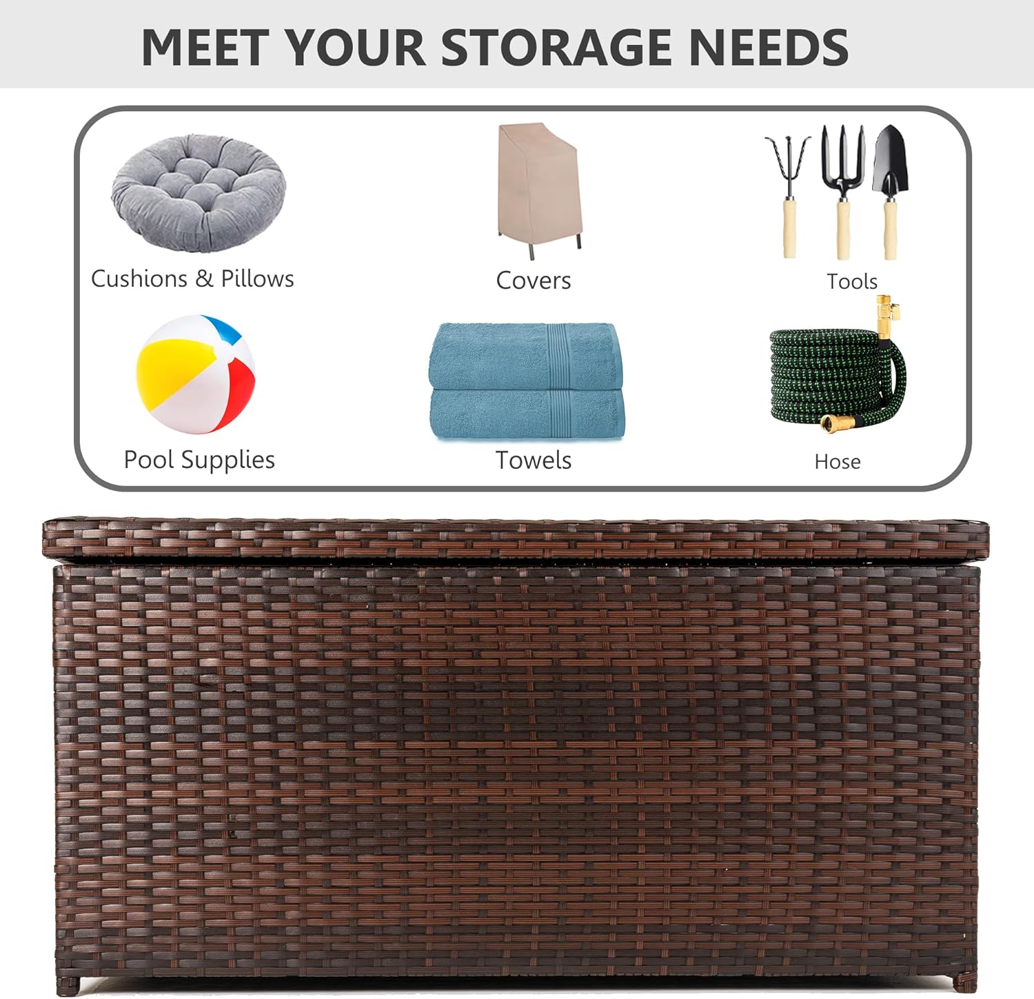 Outdoor 70 Gallon Wicker Storage Box with Waterproof Liner, Patio PE Rattan Storage Container for Outside, Deck Box with Hinged Lid for Cushions, Pillows, Towels, Horizontal Bin, Brown