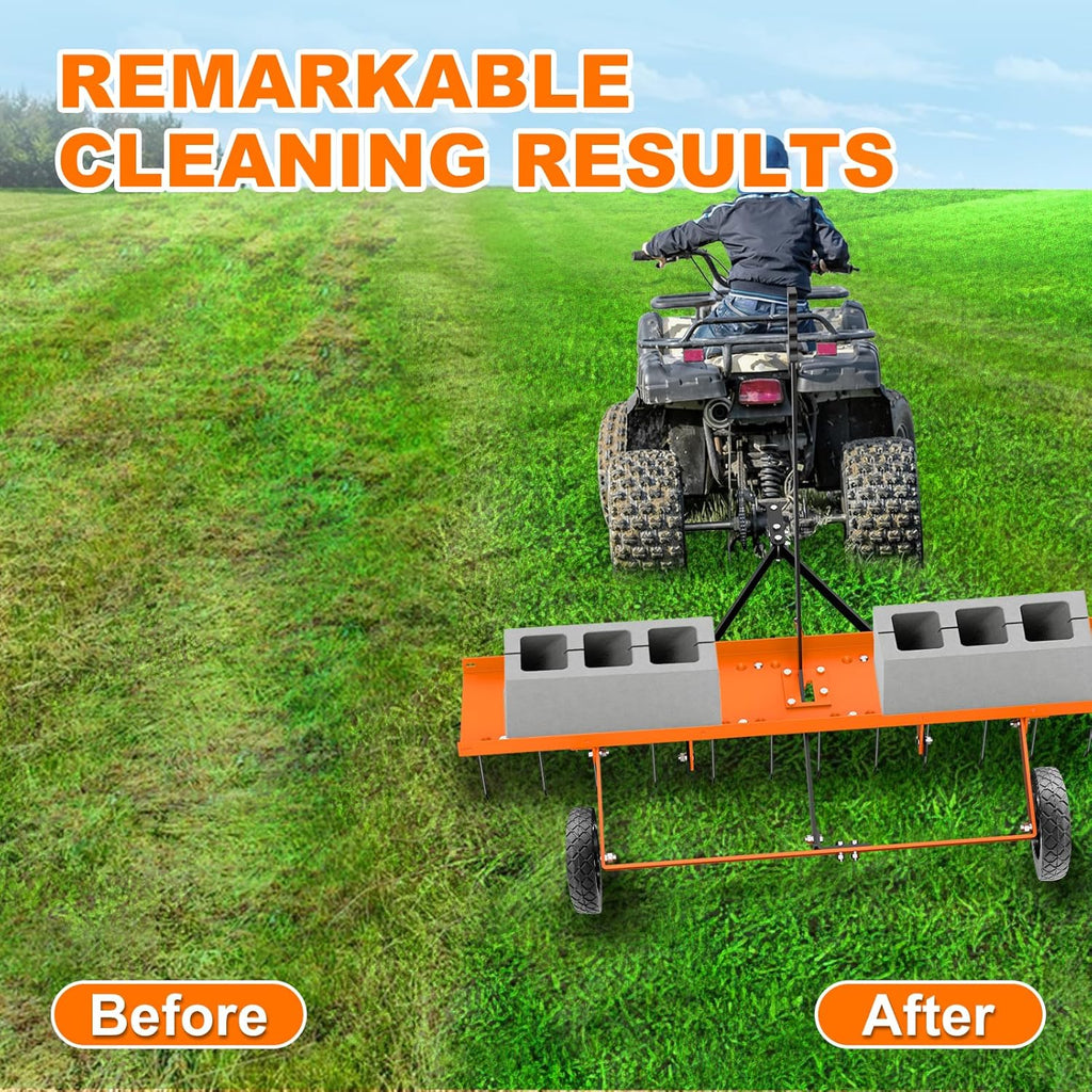 48" Tow Behind Lawn Dethatcher, Pull Behind Rake with 24 Rust-Proof Tines and Heavy Tires, Lawn Tractor Rake with Lift Handle, Tow Behind Rakes to Remove Thatch, Leaves from Large Lawn Area