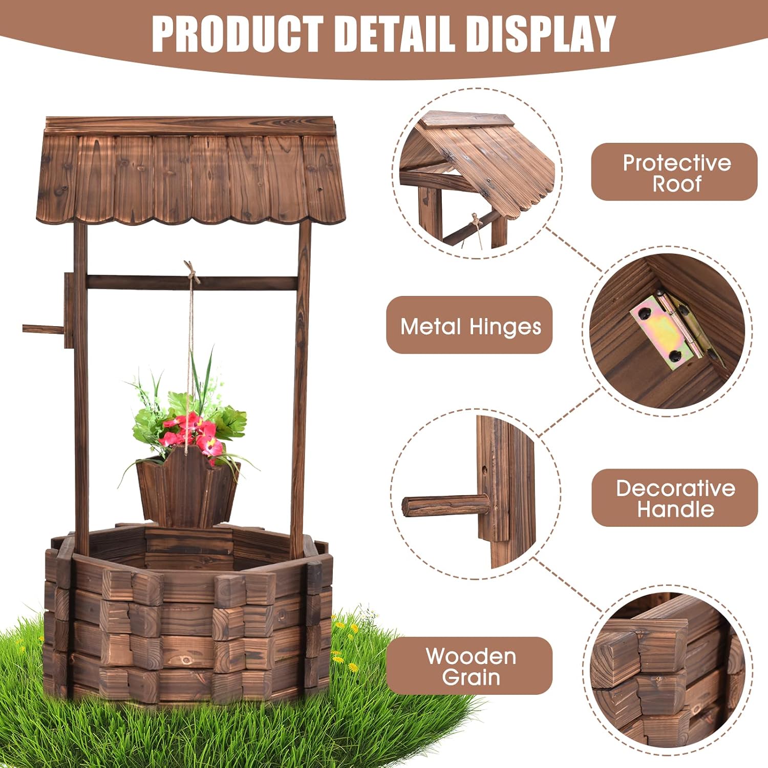 Tangkula Outdoor Wishing Well Planter, Old-Fashioned Wood Wishing Wells for Yard, Rustic Farmhouse Decoration for Garden, Backyard, 46 Inch Tall (22" x 22" x 45")