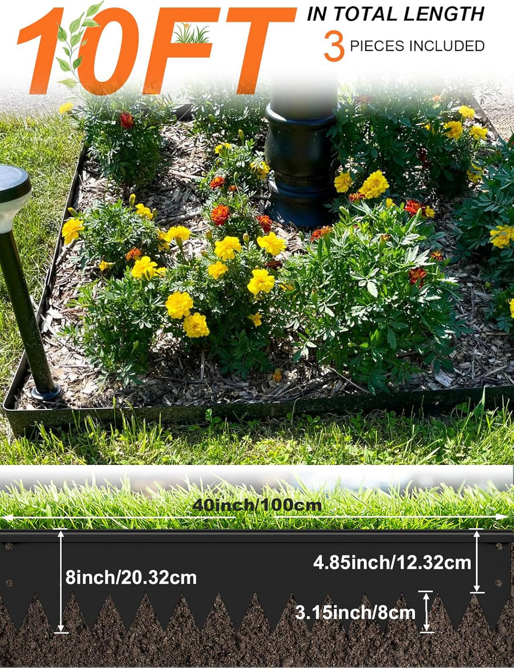 Vinci Landscape Edging Border, 40" L x 8" H 3Pack 10FT Total Black Galvanized Steel Garden Edging with Spikes, Sturdy Elegant Metal Lawn Broder for Flower Beds, Pathways, Paver Edges and Yard