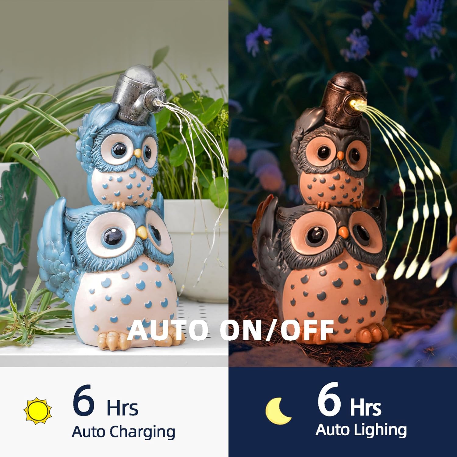 Solar Garden Statues Outdoor Decor, Watering Owl Statue Garden Decor, Resin Yard Decorations Outdoor for Patio, Porch, Balcony, Lawn Ornaments, House Warming Birthday Gifts for Mom Women Grandma