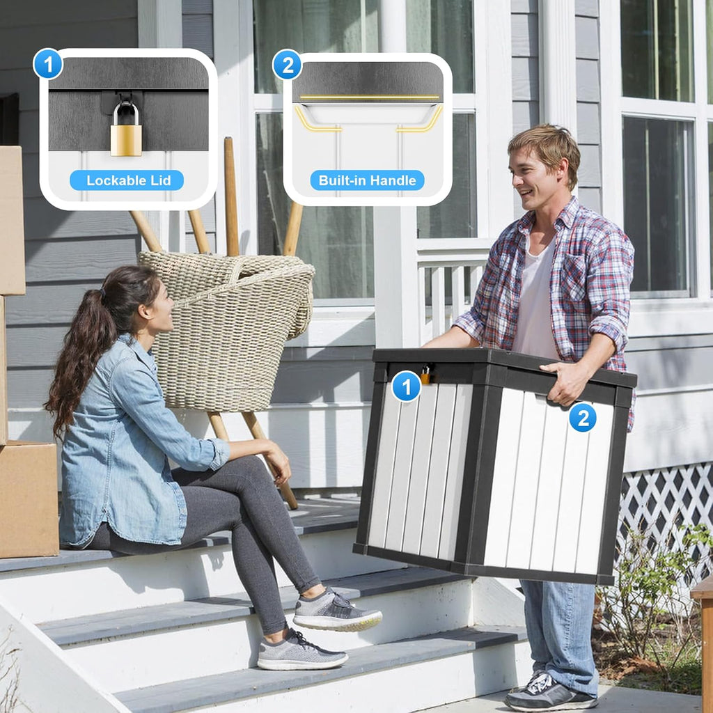 51-Gallon Outdoor Deck Box,Storage Lockable Waterproof Patio Furniture,Garden Tools,Cushions,Pool Accessories Outside Storage Resin Box(Black and White)