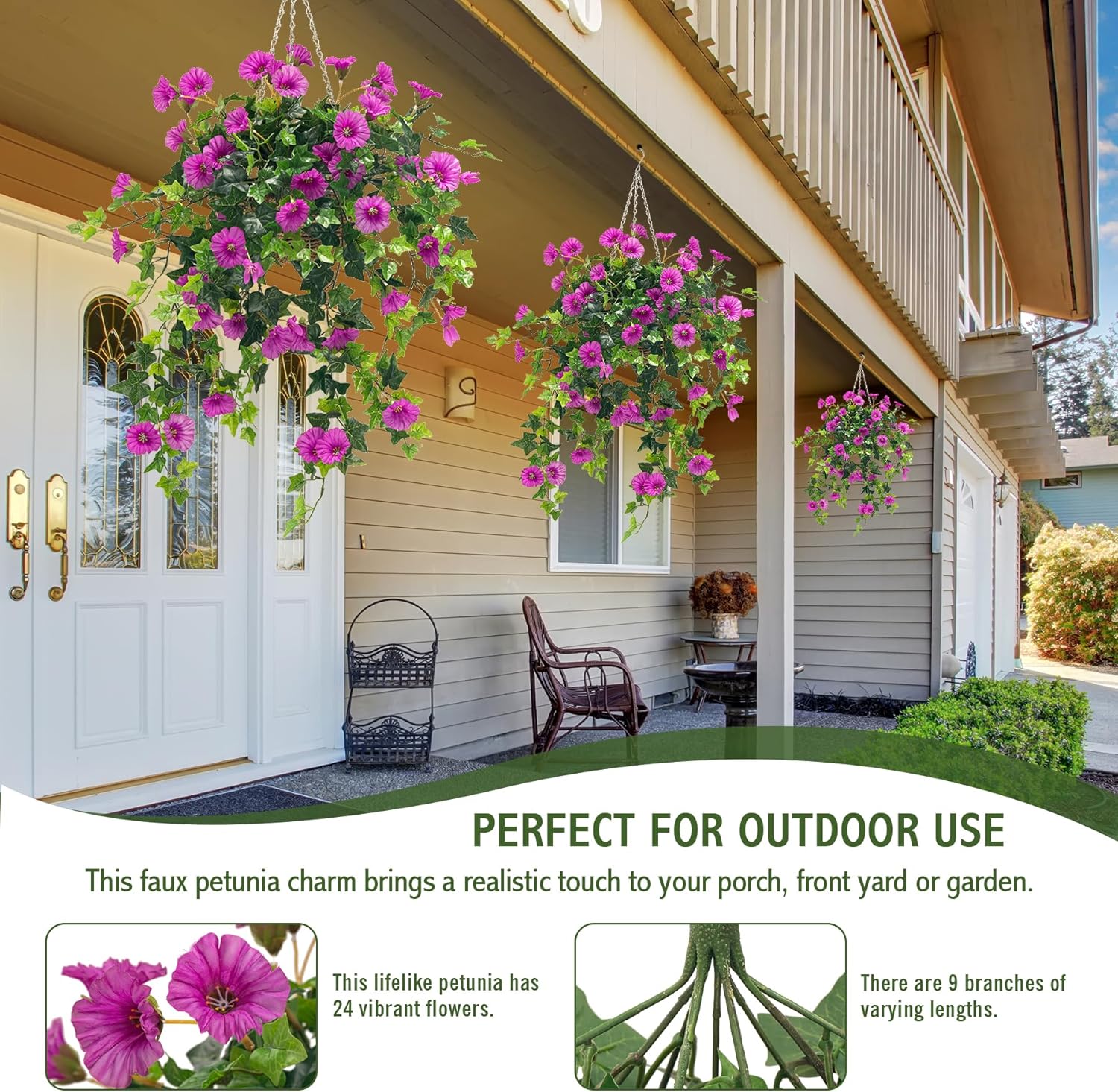 Artificial Flowers Faux Outdoor Plants Artificial Petunias for Outdoors Uv Resistant Fake Petunias Plants Hanging Flower Patio Decor Outside Basket Realistic Silk Plant No Pot(Purple 2pcs)