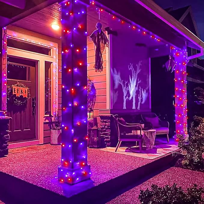 100 LED Halloween Lights Outdoor, 33ft Halloweem String Lights Indoor Clear Wire 8 Modes Waterproof Plug in Twinkle Fairy Lights with Timer Memory for Room Tree Party Decorations, Purple&Orange