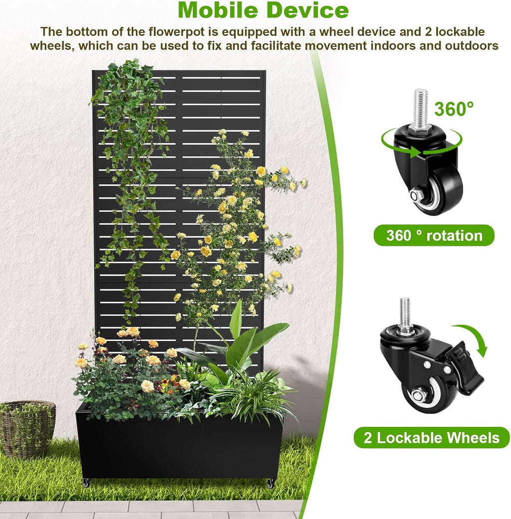 Metal Planter Box with Trellis, 72"x35"x16" Metal Raised Garden Bed with Trellis, Trellis Planter Box with Drainage Holes & Lockable Casters for Climbing Plants, Vegetables, and Vines