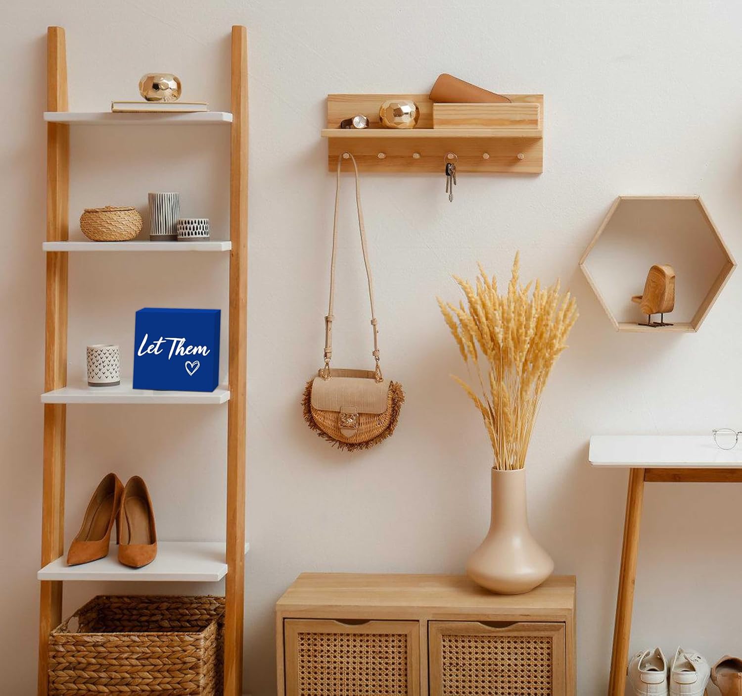 Let Them Wooden Sign, Mental Health Quote Farmhouse Wood Box Sign 5 X 5", Let Them Office Desk Accessories for Cubicle Decor, Office Gifts for Coworkers Women, Office Decorations for Work (Blue)