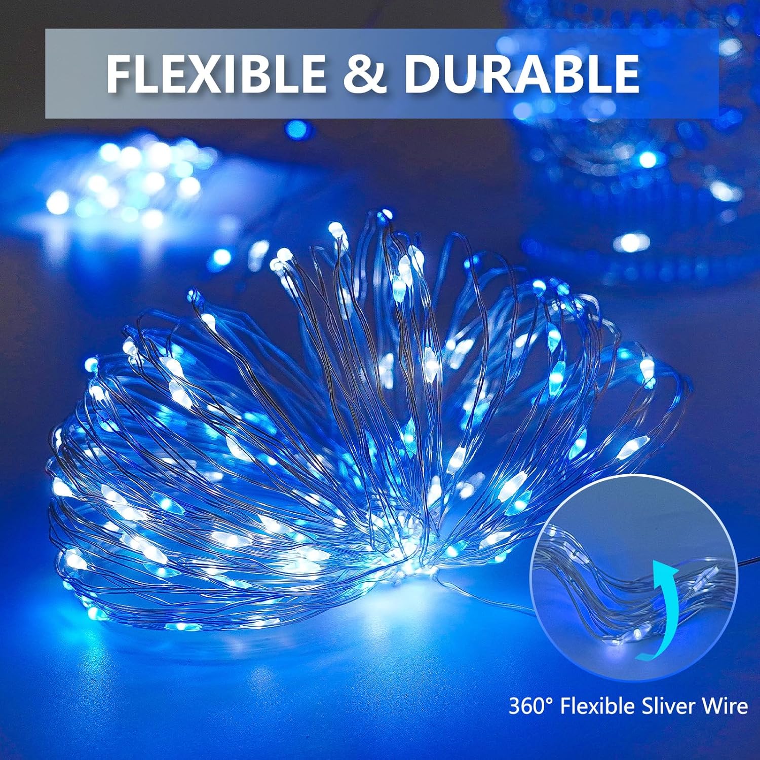 SANJICHA Blue and White Solar String Lights, Extra-Long 2 Pack 144FT 400LED Solar Christmas Lights Outdoor Waterproof, Sliver Wire 8 Modes Twinkle Light for Garden Tree Party Wedding Decorations