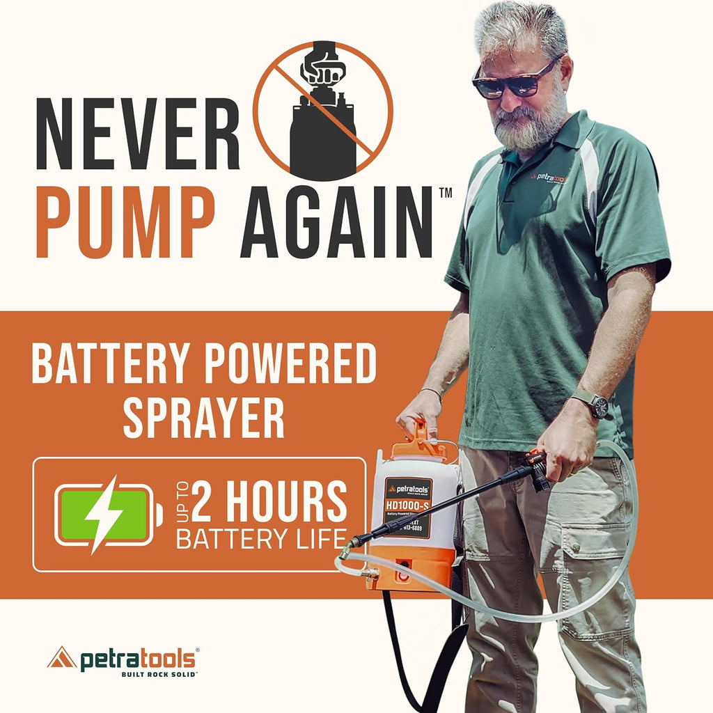 PetraTools Battery Powered Sprayer 1 Gallon - HD1000-S - Heavy Duty Electric Sprayer for Lawn and Garden Weed/Pest Control, Watering - with Battery, Charger & 2 Nozzles (1 Gallon)