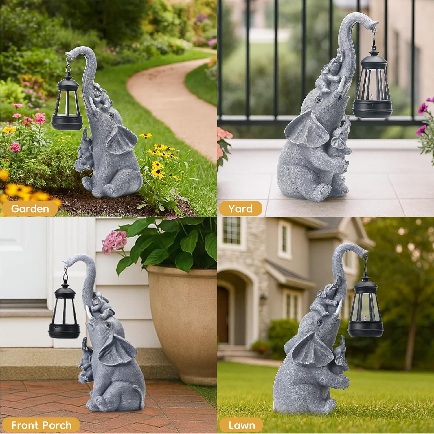 Solar Elephant Garden Lantern Statue Decor - Blessing Guardian, Auto On/Off Weatherproof Resin for Patio, Safari Theme & Good Luck Gift