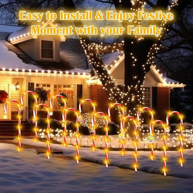12 Pcs Christmas Candy Cane Lights Outdoor Christmas Decorations Battery Operated Candy Cane Pathway Markers Light 84 LED Candy Cane Stake Waterproof with 8 Modes for Yard Garden Lawn Tree Decor