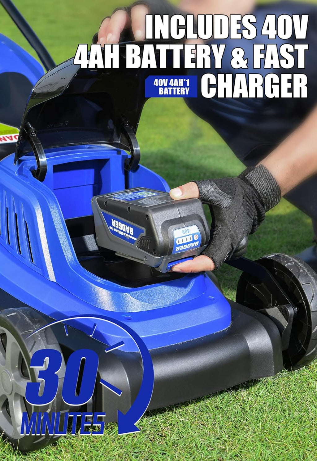 WILD BADGER POWER Lawn Mower 40V Brushless 18" Cordless, 5 Cutting Height Adjustments Electric Lawn Mower, Quickly Folding Within 5’s, 4.0AH Battery and Super Charger Included.