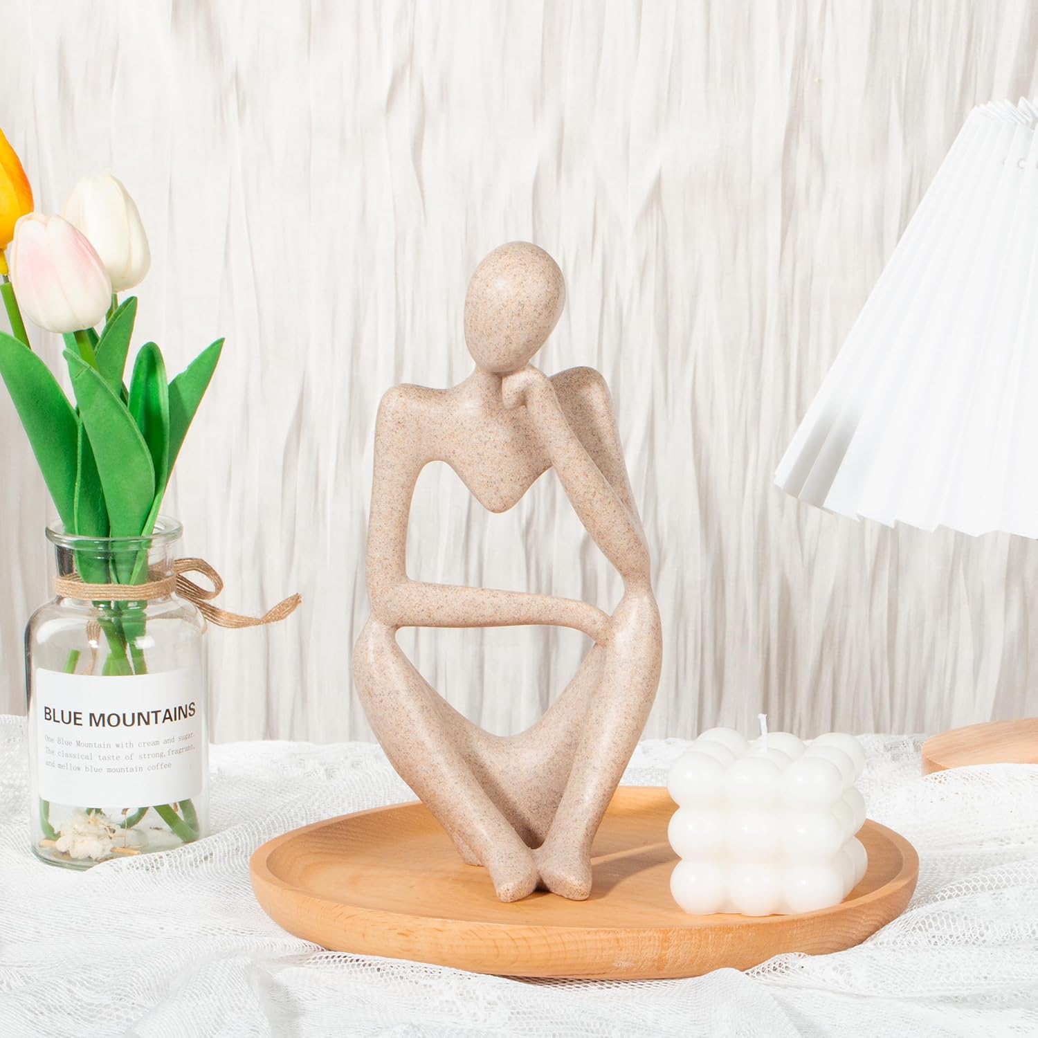 INNOLITES Boho Decor Thinker Statue Abstract Art Sculpture, Sandstone Resin Collectible Figurines for Home Living Room Office Shelf Decoration (Sandstone,Right)