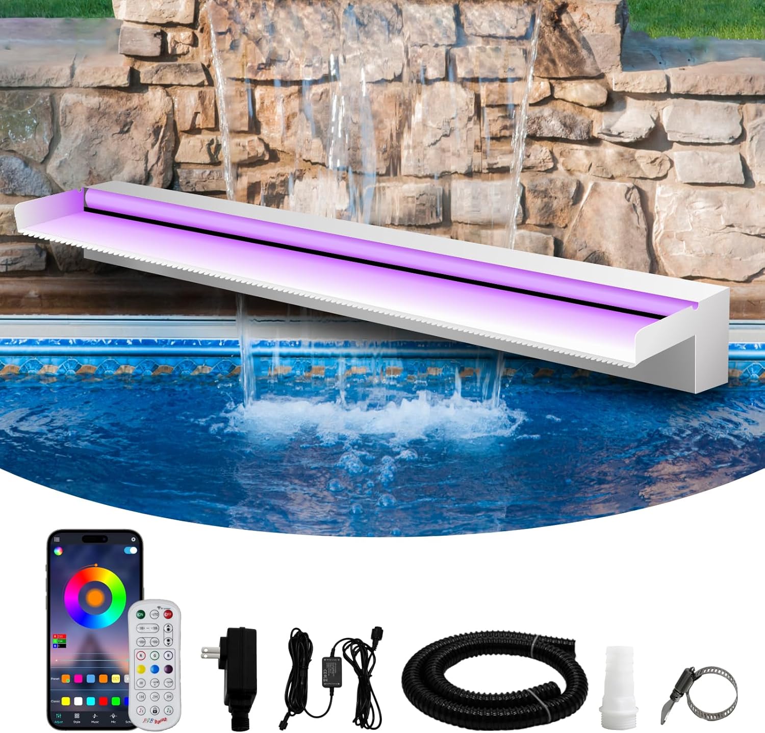 Waterfall Spillway Stainless Steel Pond Waterfalls with Color Changing LED Light, Outdoor Pool Fountain Water Feature Kit for Garden Patio Swimming Pool Koi Ponds Decor-36"x8"x4"