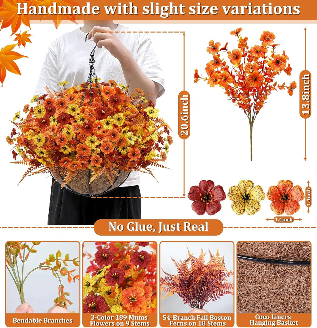 Artificial Fake Hanging Baskets Fall Flowers for Outdoors Decoration, 189 Silk Mums & 54 Boston Ferns UV Resistant Look Real Faux Plants for Outside Yard Patio Porch Garden Balcony Home Autumn Decor