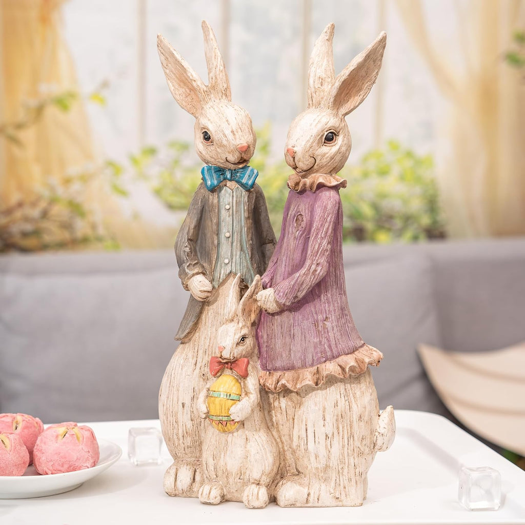 Topadorn Rabbit Family Statue Home Decor Resin Sculptured Hand Painted Figurine Creative Craft Cute Decoration Gift for Kids Womens Decorative Garden Yard Room