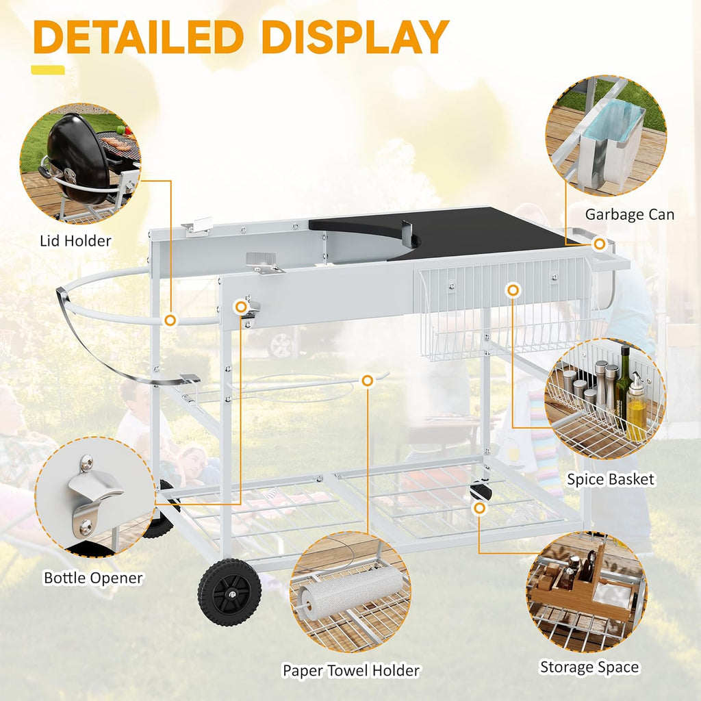 JY QAQA Grill Table for Weber 22" & 18" Original Kettle, Stand Cart for Jumbo Joe, Master-Touch, Performer Charcoal Grills with Sliding Lid Rack, Spacious Surface, Lockable Wheels for Outside