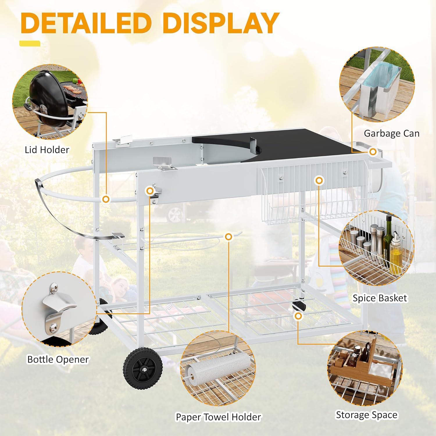 JY QAQA Grill Table for Weber 22" & 18" Original Kettle, Stand Cart for Jumbo Joe, Master-Touch, Performer Charcoal Grills with Sliding Lid Rack, Spacious Surface, Lockable Wheels for Outside