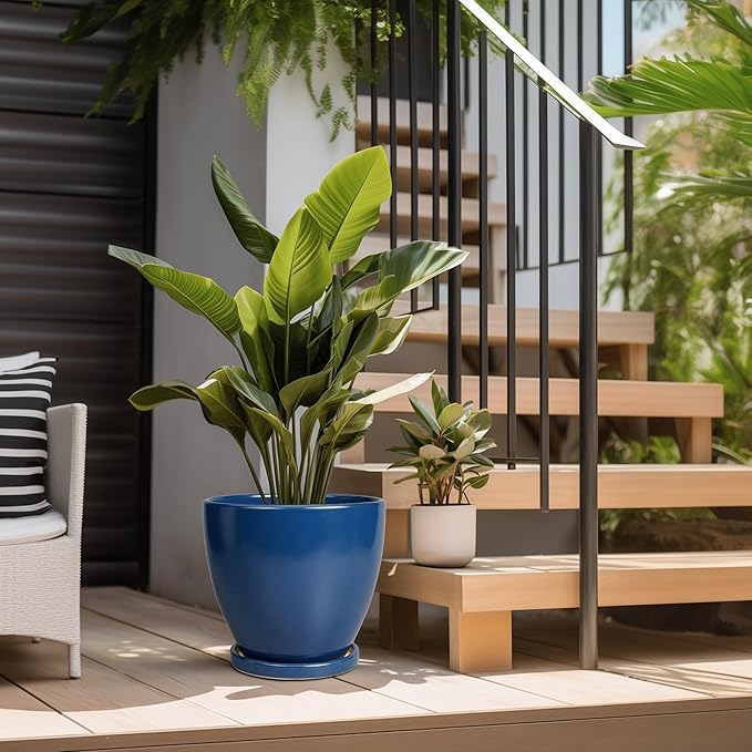 10 Inch Plant Pot - Ceramic Planter with Drainage Hole and Saucer, Modern Flower Pot, Round Planters for Indoor Plants, Home Patio Bathroom Porch Garden Living Room Decor, Blue