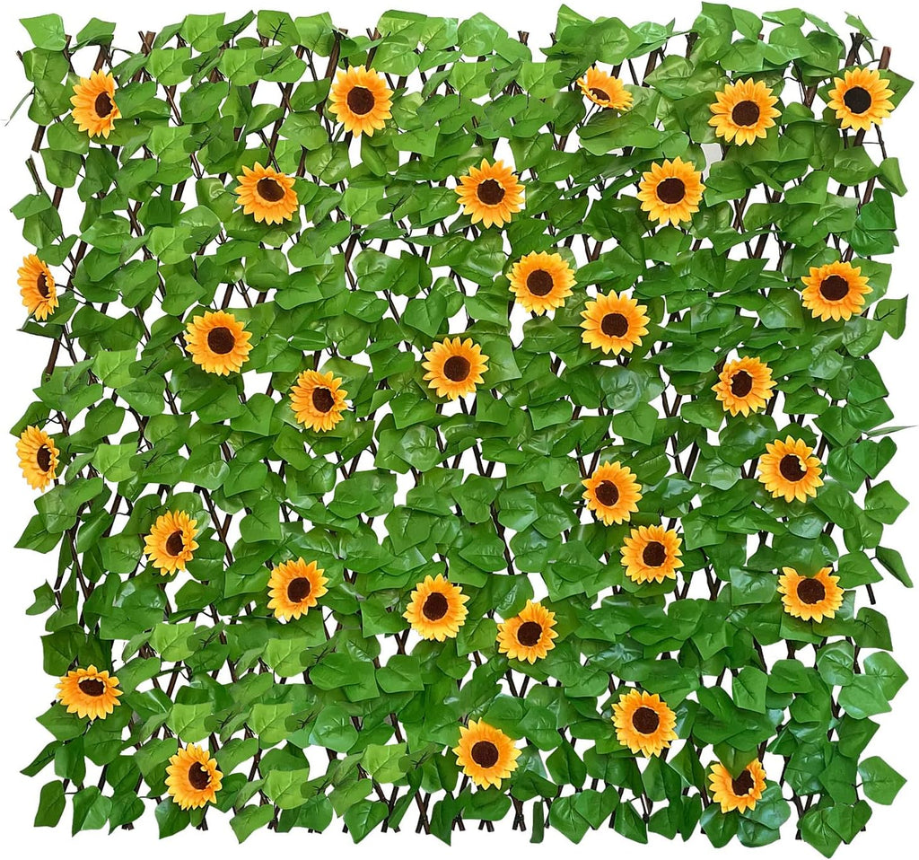 Expandable Fence Privacy Screen for Balcony Patio Outdoor,Decorative Faux Ivy Fencing Panel,Artificial Hedges (Single Sided Leaves) (2, Sunflowers)