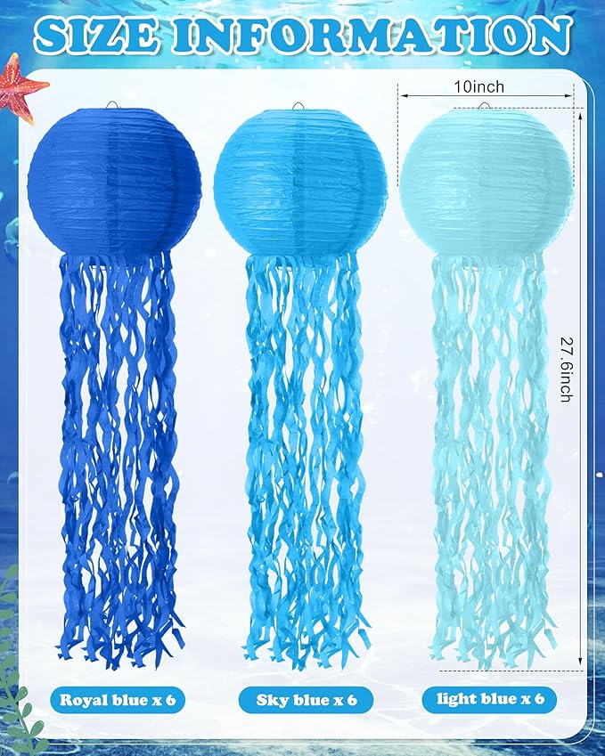 18 Pcs Jellyfish Paper Lanterns Mermaid Birthday Decorations Hanging Lantern Lamps for Ocean Theme Decor Under The Sea Party Supplies (Blue)