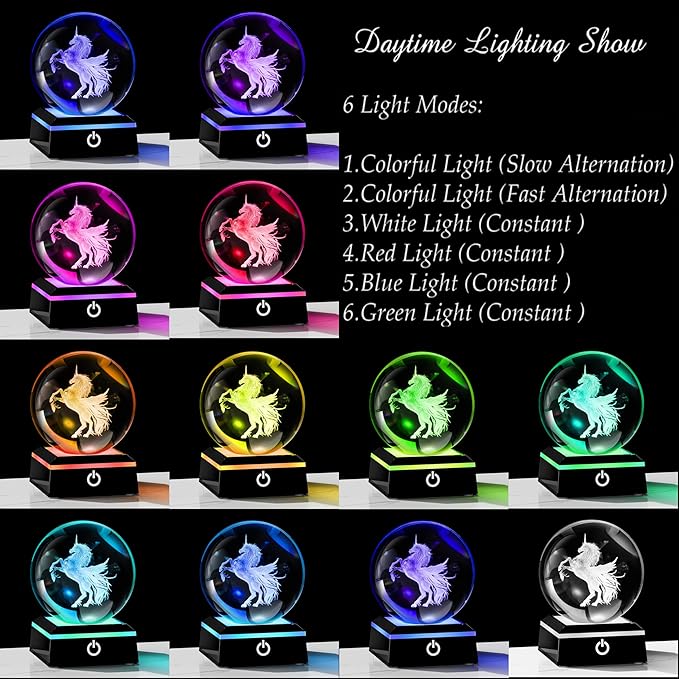 Qianwei Unicorn Gifts for Women 3D Crystal Ball 3.14'' - 80mm Laser Unicorn Decor Glass Animals Unicorn Gifts Figurines Statue Stuff for Room Decorations Unicorn Night Light