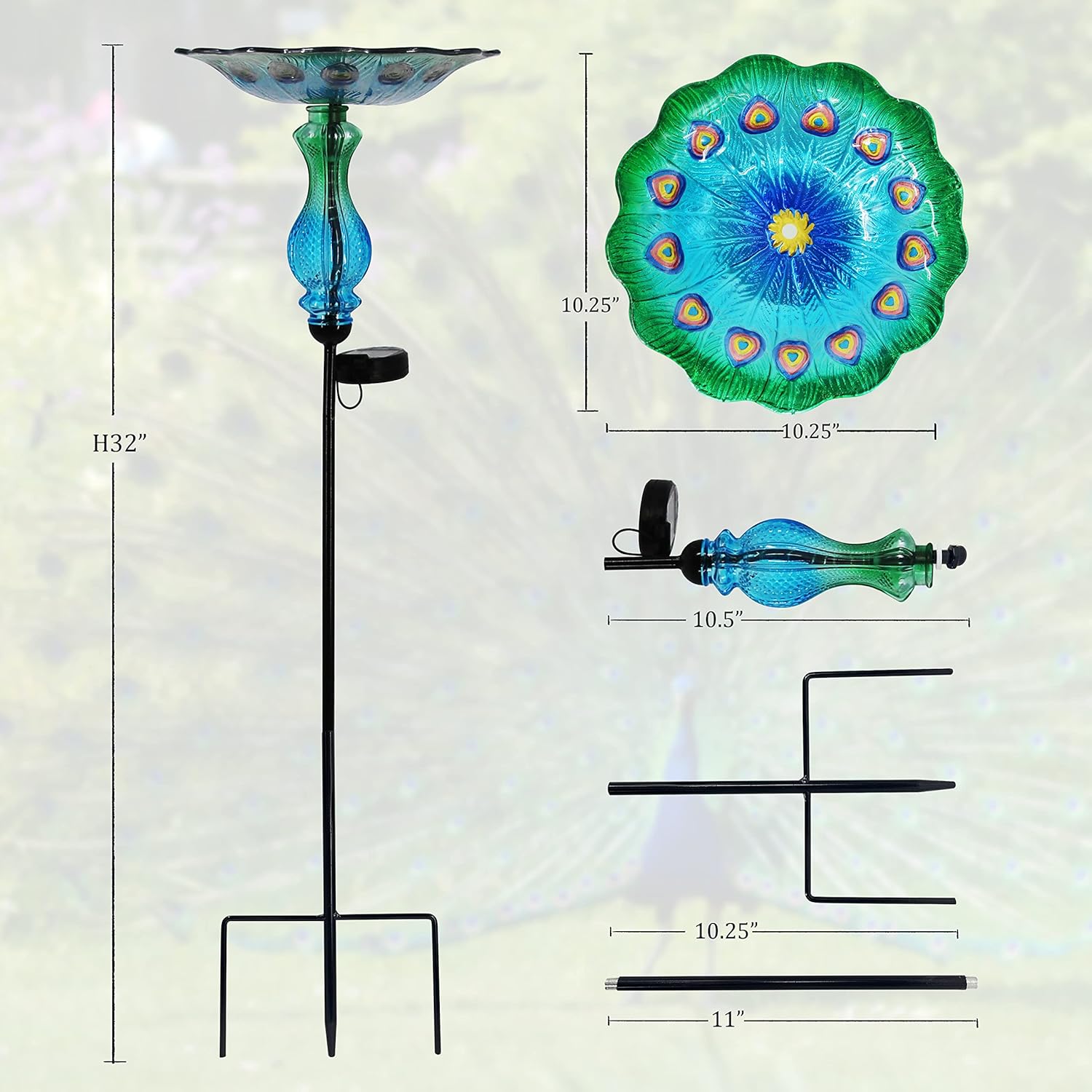 John's Studio Peacock Bird Bath for Outdoor - Glass Bowl Solar Light Cage Outside Dish Bird Feeder with Metal Stake for Garden, Yard and Patio - 32 inches