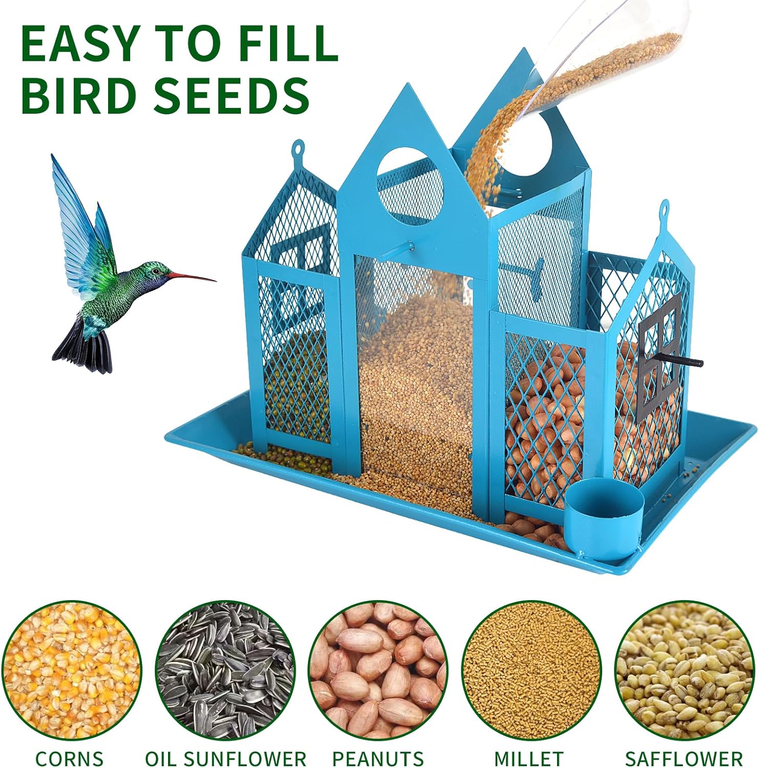 Solar Bird Feeders House for Outside Hanging, Metal Wild Bird Feeder for Outdoors, Large Cardinal Bird Feeder Birdhouses Squirrel Proof (Blue)