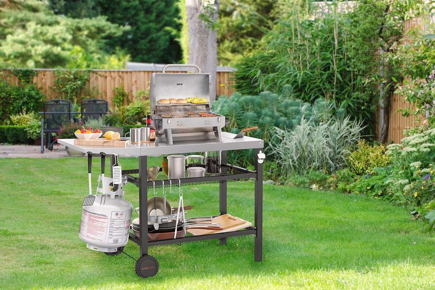 only fire Pizza Oven Table Cart for Ooni, Ninja Woodfire, Blackstone Griddle, Cuisinart Pizza Oven, Outdoor Stainless Steel Food Prep Table Movable Food Prep Cart Grill Stand with Storage Basket