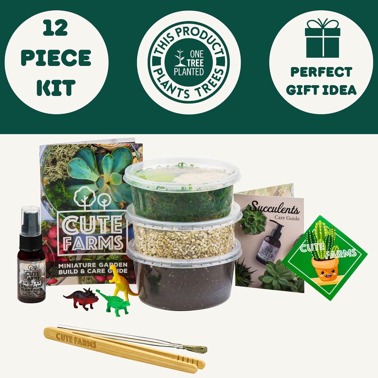Cute Farms Terrarium Starter Kit | Moss, Vermiculite, Soil, Pebbles, Plant Food, Finishing Tools, Build and Care Guide | DIY Succulent Terrarium for Adults and Kids (Small)