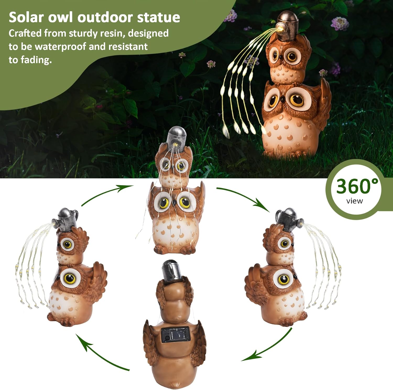 Solar Garden Statues Outdoor Decor, Watering Owl Statue Garden Decor, Resin Yard Decorations Outdoor for Patio, Porch, Balcony, Lawn Ornaments, House Warming Birthday Gifts for Mom Women Grandma