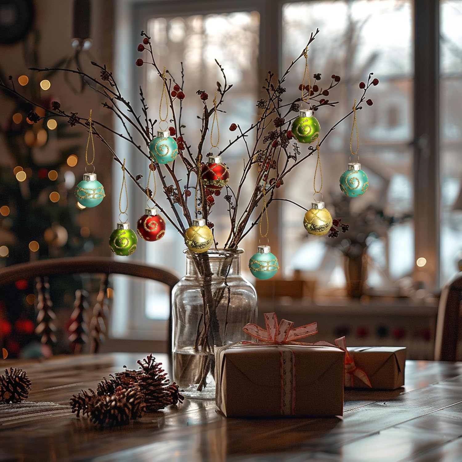 Watayo 24 Pcs Christmas Mini Multi Color Balls Glass Ornaments, 1" Mini Vintage Glittering Ball Hanging Ornaments for Tree, Red Green Gold Blue Glass Small Ball Tree Decoration for Xmas Home Decor