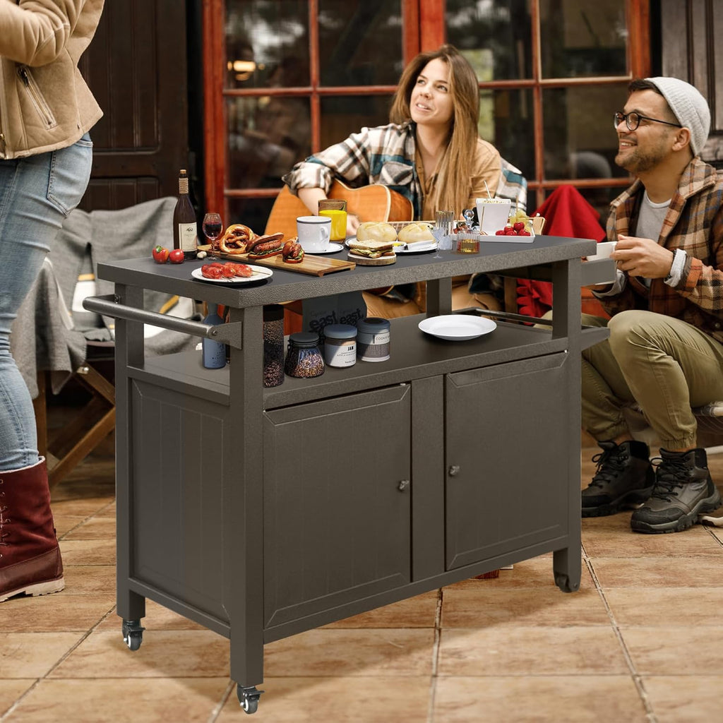 Grill Cart Outdoor with Storage Cabinet, Portable Rolling Patio Bar Cart with Wheels, BBQ Prep Table, Movable Stainless Steel Kitchen Island Dining Cart for Food/Drink/Cooking-Brown