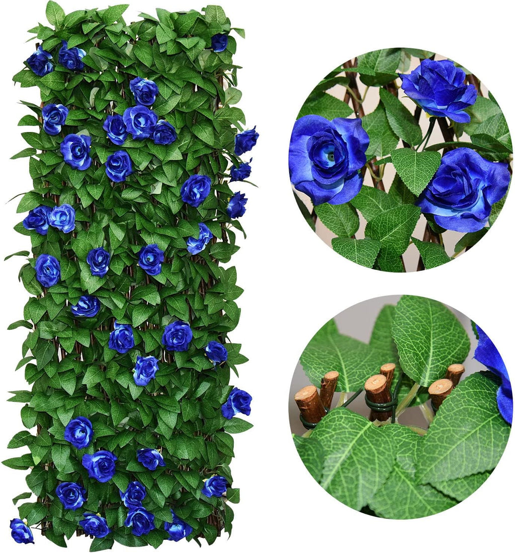 Expandable Fence Privacy Screen for Balcony Patio Outdoor,Decorative Faux Ivy Fencing Panel,Artificial Hedges (Single Sided Leaves) (4, Blue Flowers)