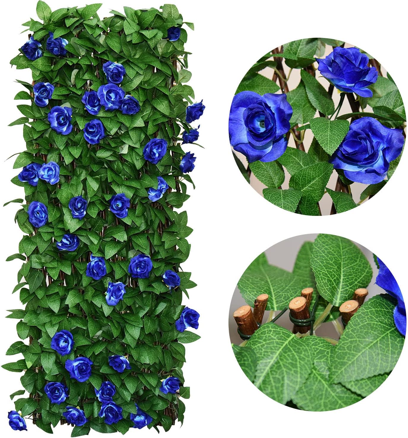 Expandable Fence Privacy Screen for Balcony Patio Outdoor,Decorative Faux Ivy Fencing Panel,Artificial Hedges (Single Sided Leaves) (4, Blue Flowers)