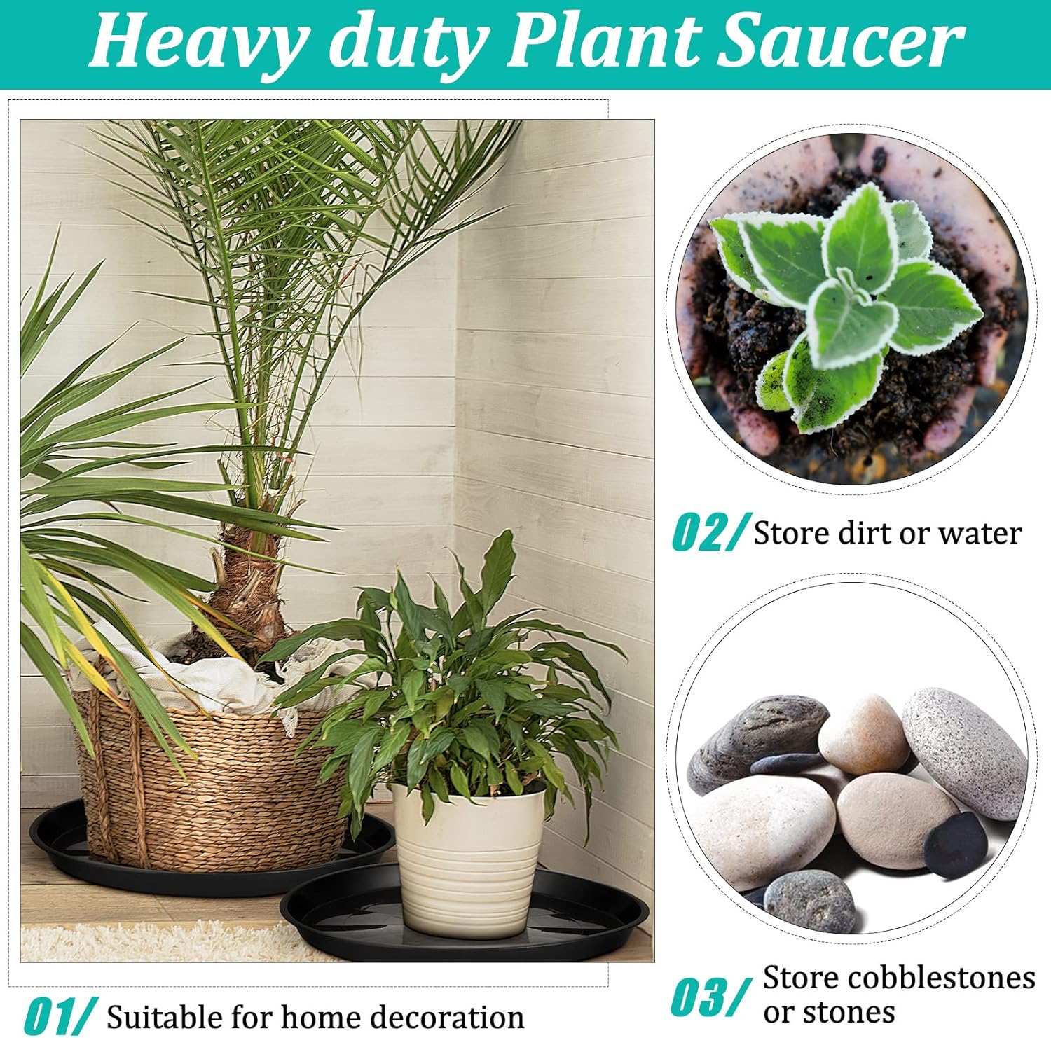 Eccliy 6 Pack Plastic Plant Saucer Heavy Duty Planter Saucers Large Plant Pot Saucers Plastic Water Trays for Indoors and Outdoors Flower Plant Plant Drip (Black,20 Inch)