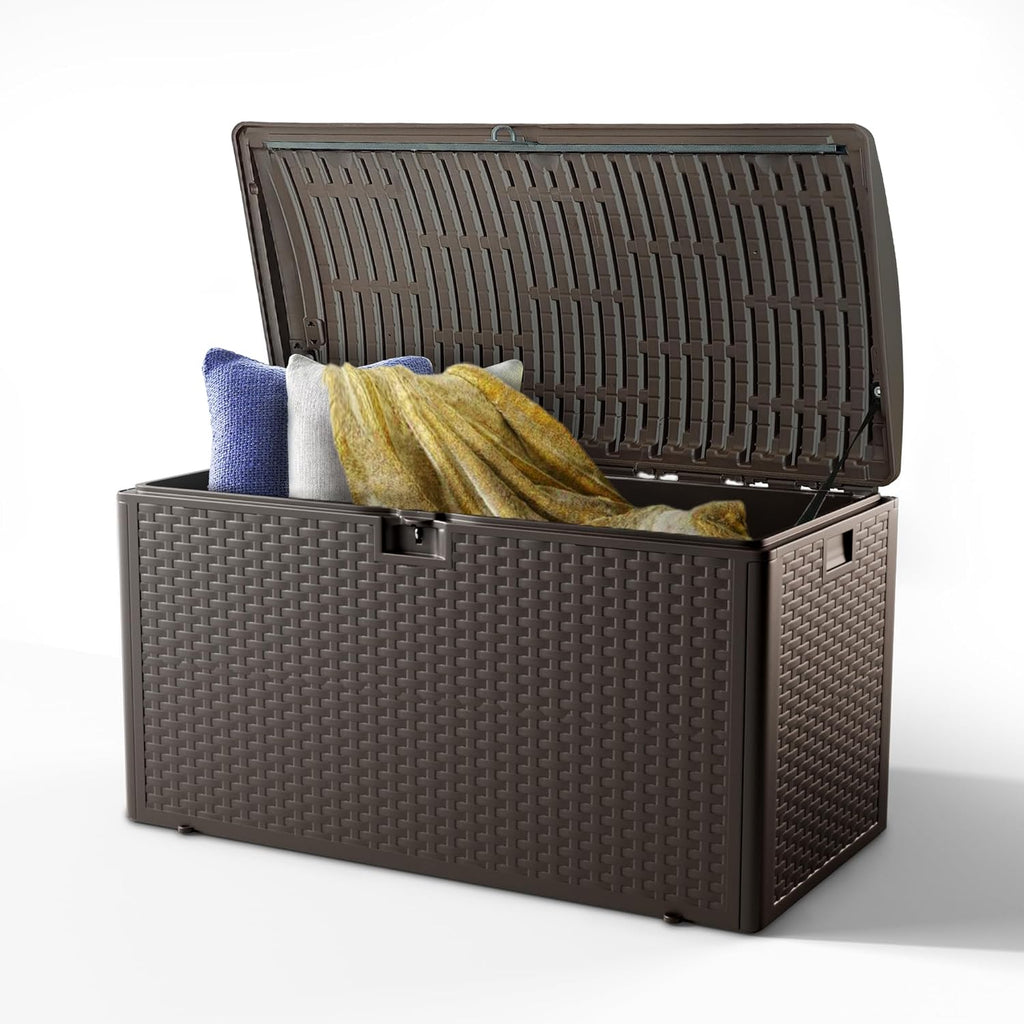 73-Gallon Resin Deck Box, Secure All-Weather Waterproof and UV-Resistant Storage for Patio, Garden, and Pool Equipment (Brown)