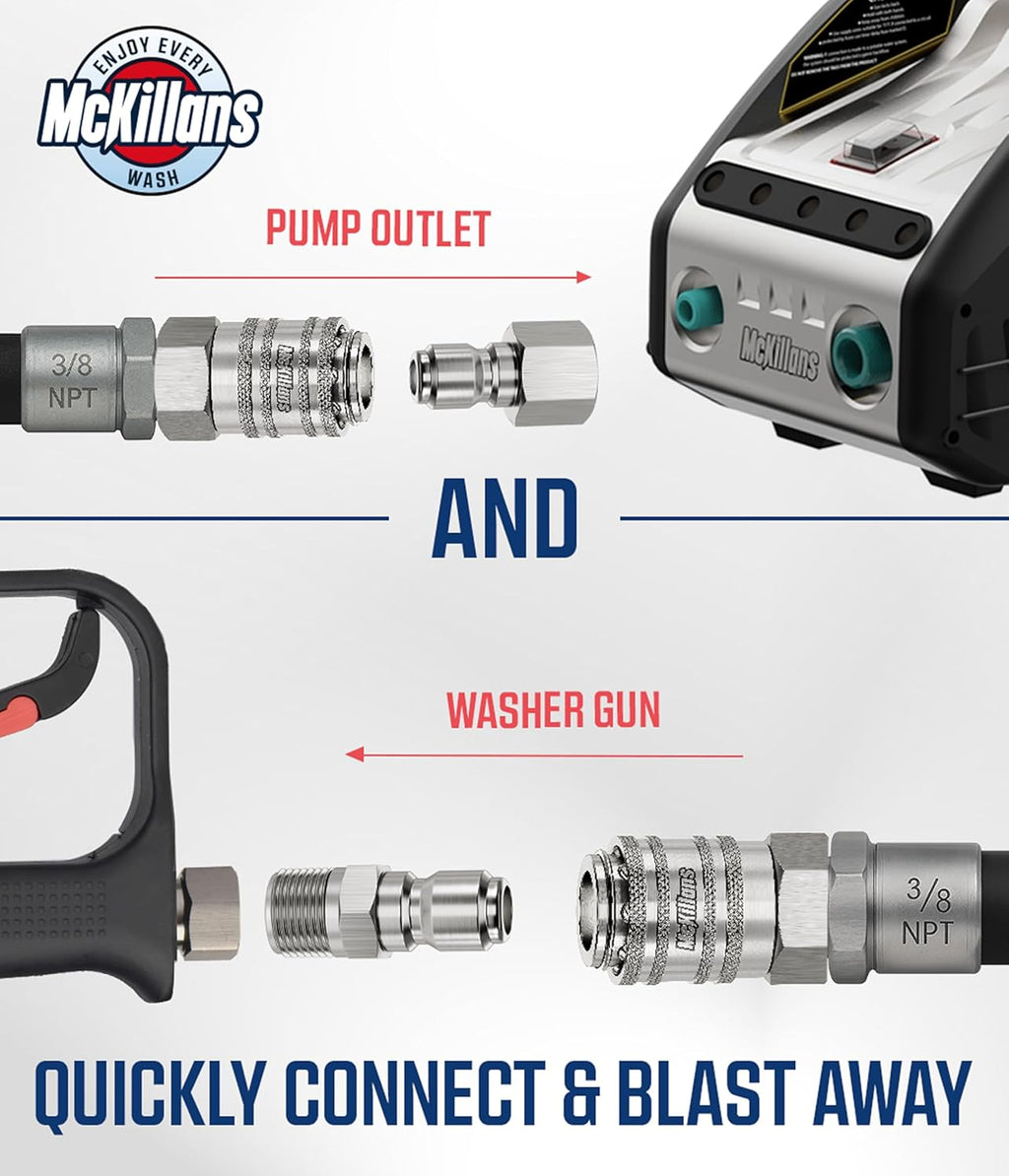 McKillans® 3/8" NPT Automatic Pressure Washer Quick Connect Kit of 4 - Stainless Steel - 3/8" Pressure Washer Quick Connect Fittings - Power Washer NPT 3/8" - PUSH-TO-CONNECT - Upgraded Viton O-Rings